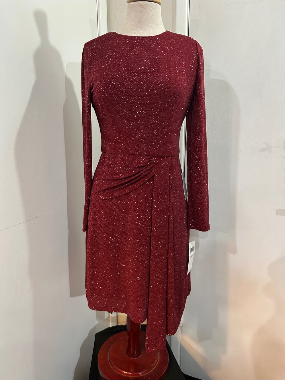 London Times Burgundy Long-Sleeve Sparkle Dress